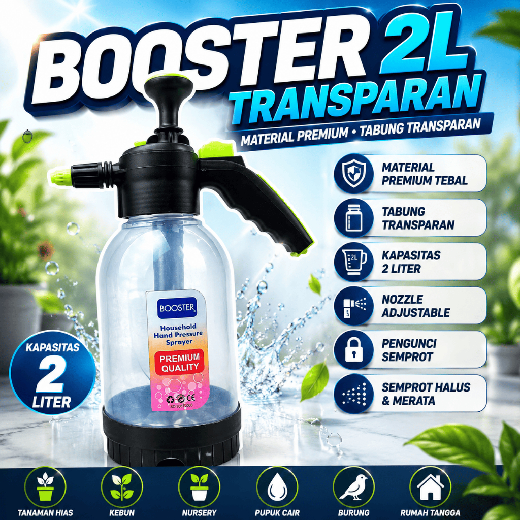 Hand Sprayer Booster 2L Transparan Alat Semprot untuk Burung Bunga dan Tanaman.