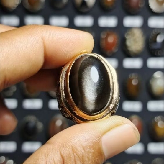 Cincin Batu Akik Bulu Monyet Cat Eye Super Giwang Mata Kucing, Ring Koin Ukir Kombinasi