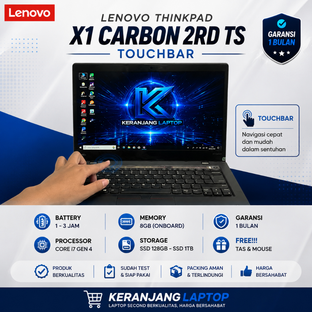 Laptop Lenovo Thinkpad X1 Carbon G2 Core i7 Gen 4 Touchbar Ram 8GB Ssd 256GB Layar 14inch FHD