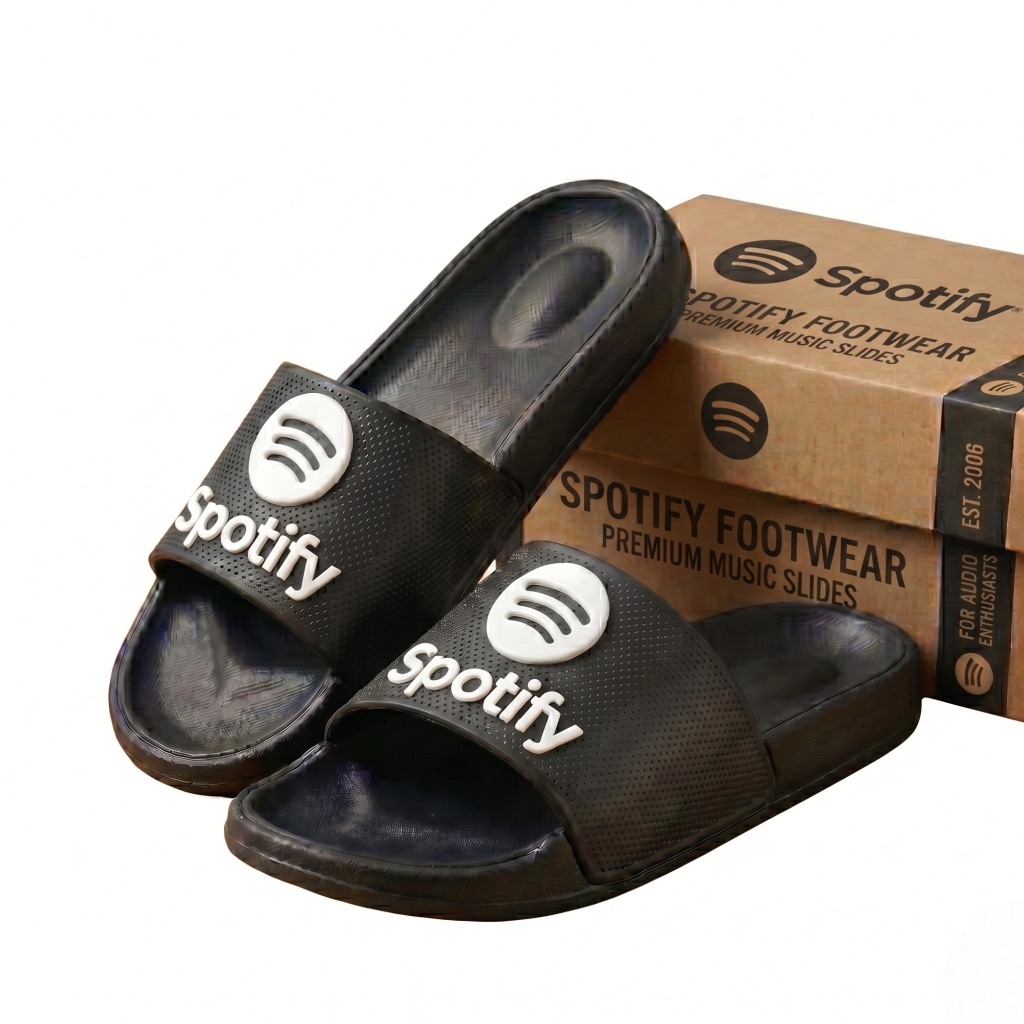 Sandal slop pria dewasa spotify performance slides sporty tekstur bintik-bintik logo 3D timbul warna