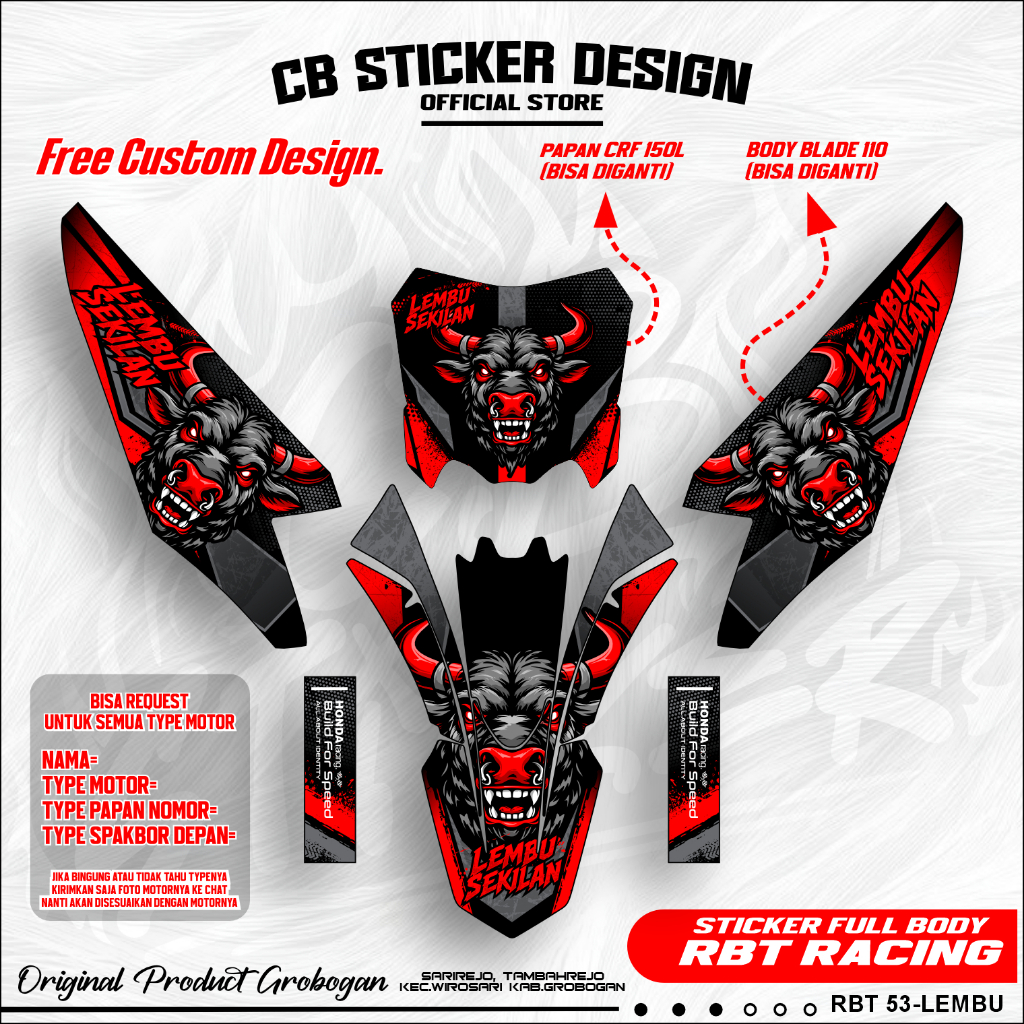 Sticker Full Body RBT Racing Custom Nama Semua Type Motor Motif Lembu Sekilan KODE-53LEMBU