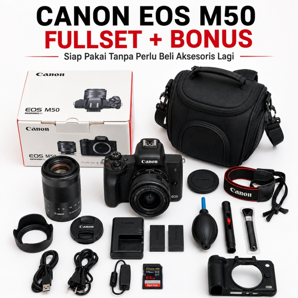 Canon EOS M50 Bekas Pribadi Fullset + Lensa Tele 55-200mm + Bonus