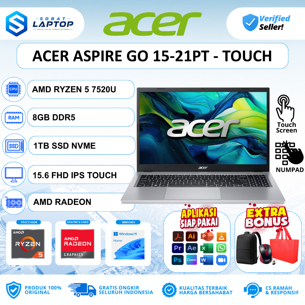 ACER Aspire Go 15 Touch Ryzen 5 7520U 8GB DDR5 512ACER Aspire Go 15 Touch Ryzen 5 7520U 8GB DDR5 512