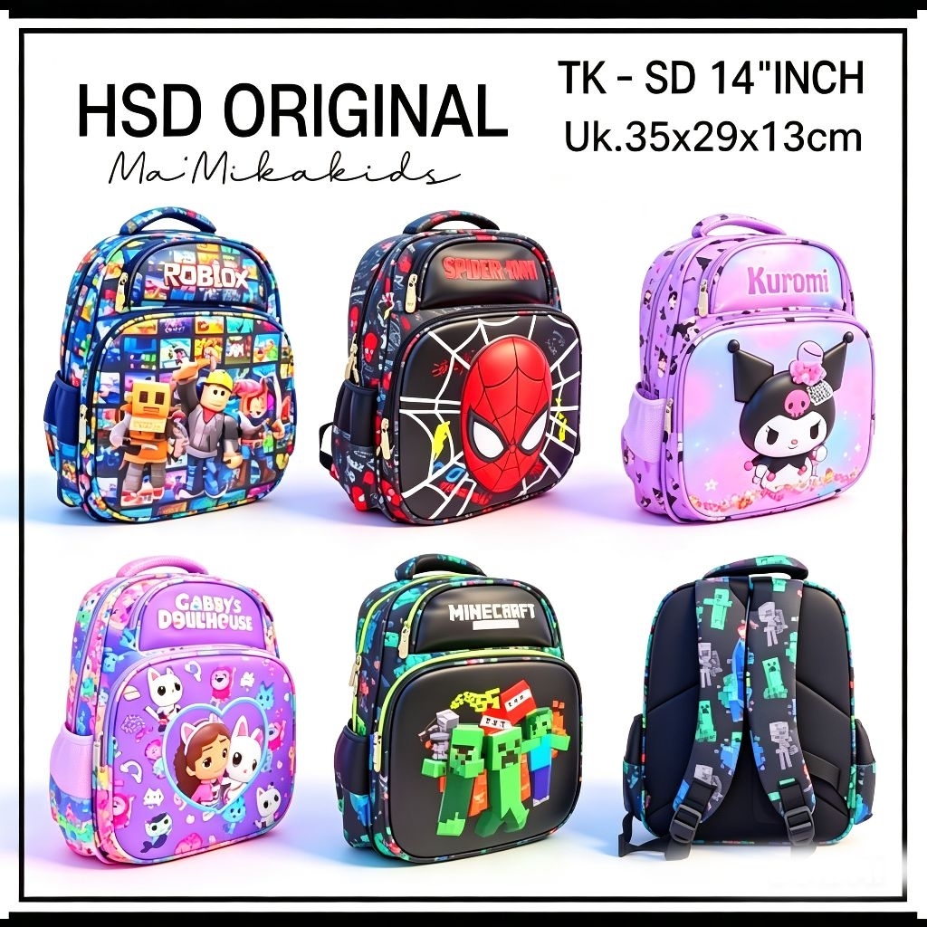 Tas Ransel Sekolah TK Besar 14"Inch dan SD 16.5"Inch Anak Perempuan dan Anak Laki Laki HSD Premium