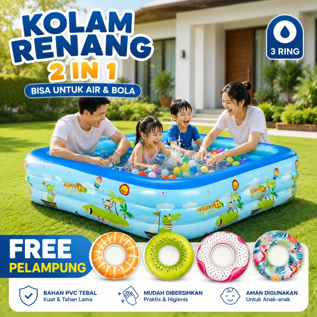 Kolam Renang Anak-anak 260cm Kolam Renang Motif Lucu Bahan Kuat Portable Free Pelampung