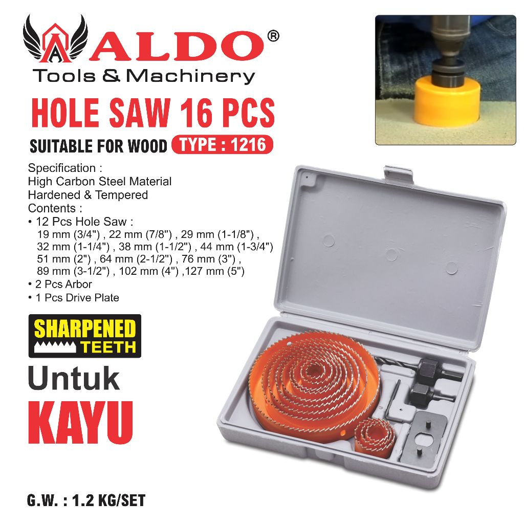 Hole Saw 16 Pcs type 1216 Merk ALDO