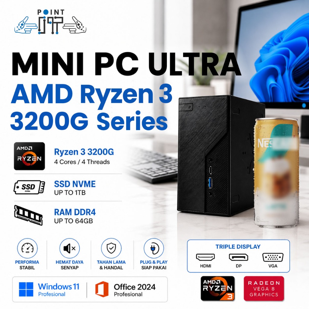 Mini PC Rakitan Ultra Desktop AMD Ryzen 3 3200G RAM 64GB DDR4 SSD 1TB NVMe Komputer Lengkap Siap Pak