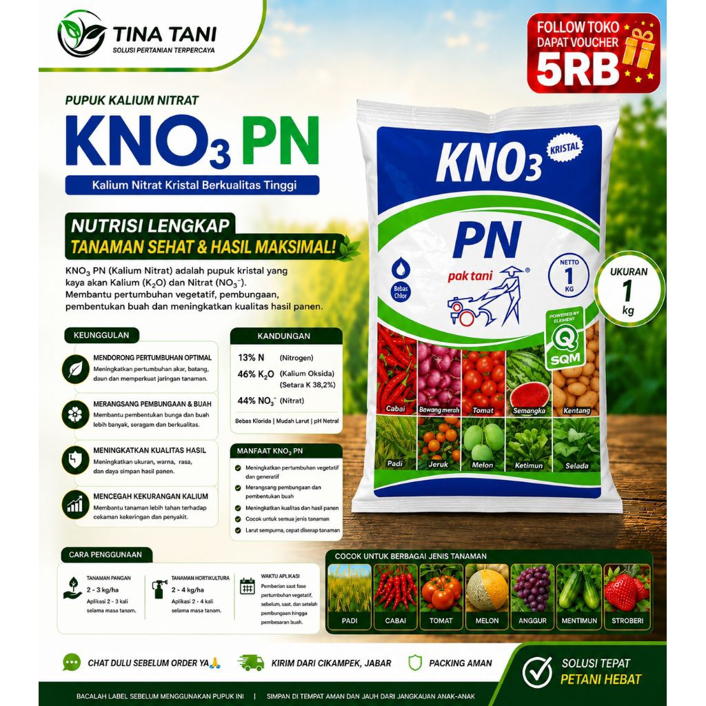 Pupuk KNO3 PN Pak Tani 1kg | Kalium Nitrat 46% K2O 13% N Pupuk Pembuahan Pembesaran Buah