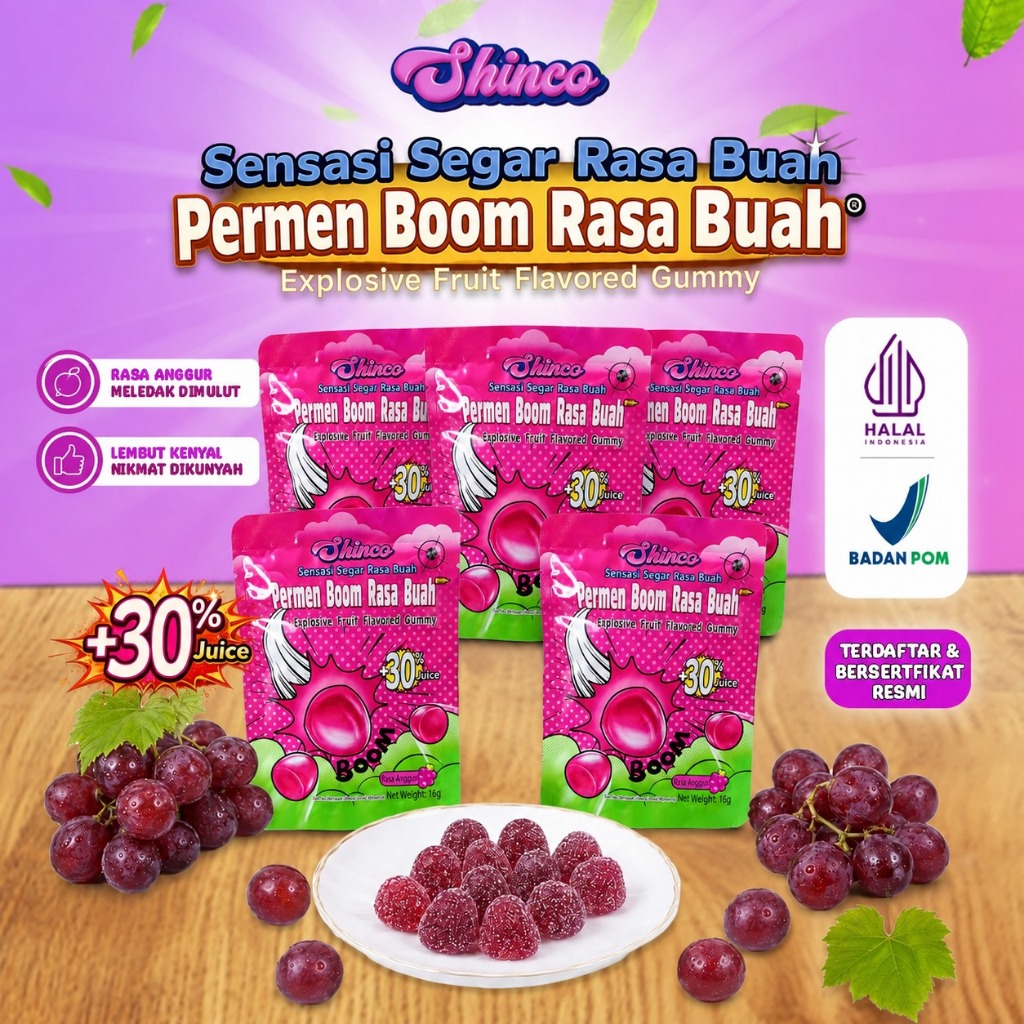 [HALAL] Permen Boom 30% Jus Permen Rasa Buah Anggur Candy Cemilan Anak Snack Manis Rasa Grape