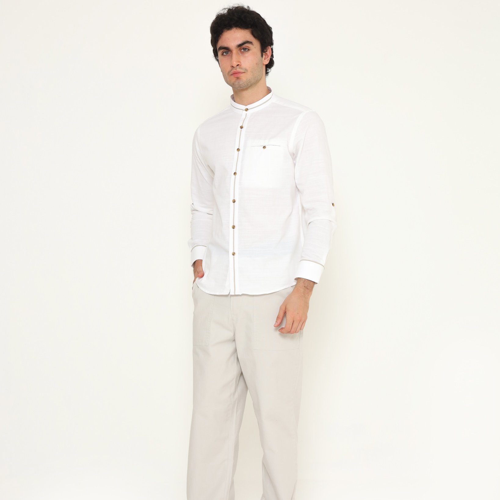 KENT&CREW Kemeja Koko Lengan Panjang Putih Katun Premium Casual Pria - C-ECEA03-A1
