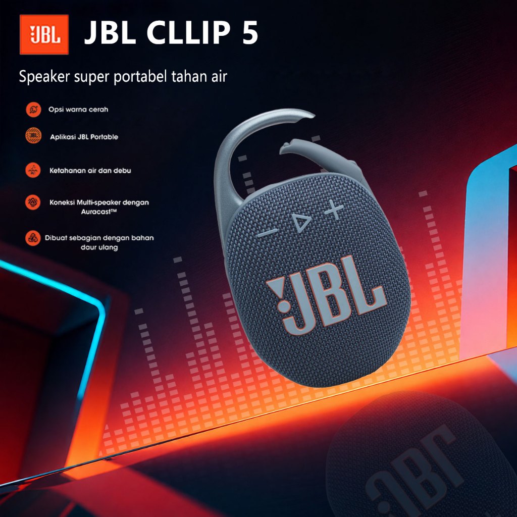 JBL Clip 5 Speaker Bluetooth Gantung Mini Outdoor Tahan Air Debu IPX7 Audio Jernih Bass Dalam Daya T