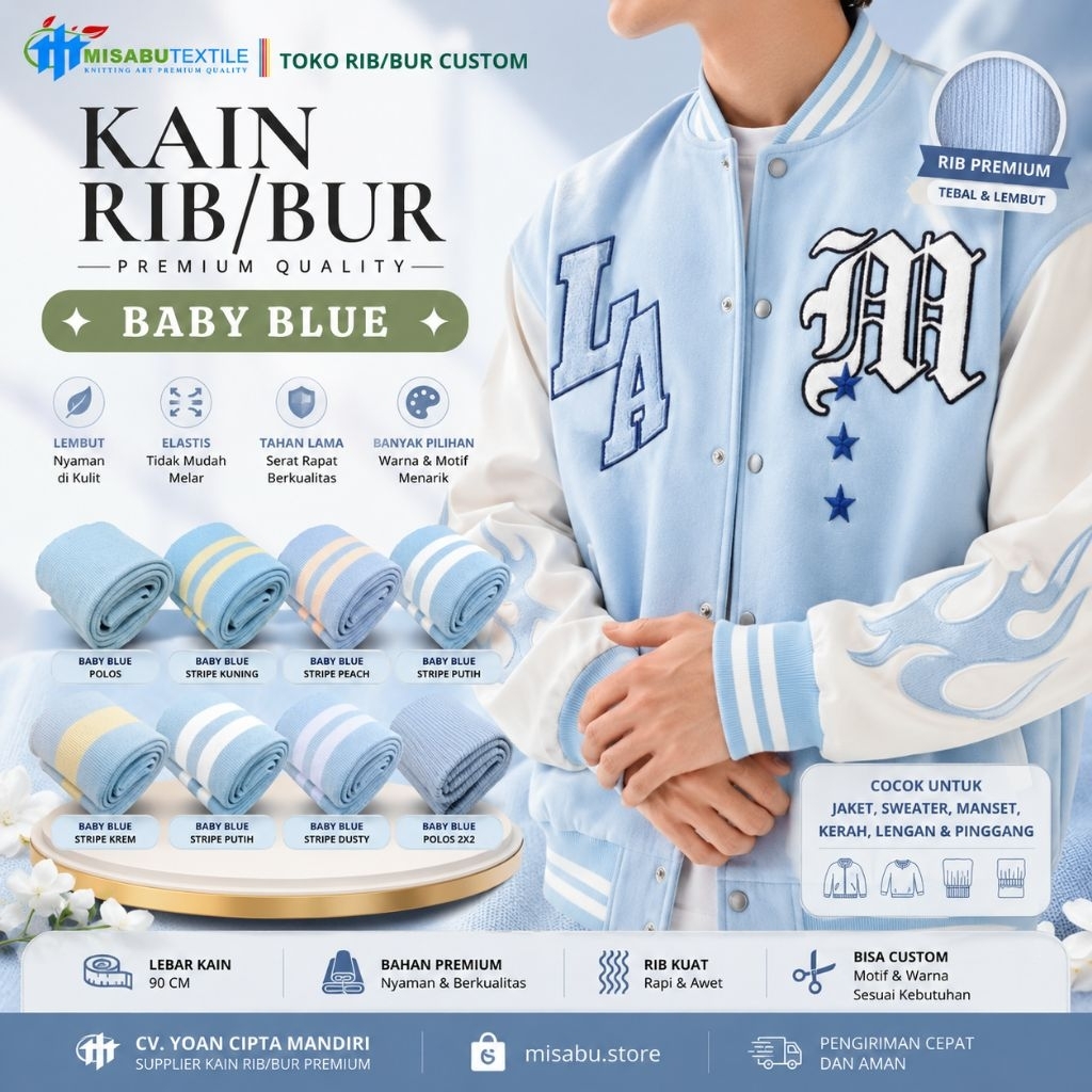 Misabu textile | rib jaket biru muda poly rajut 1x1 premium quality