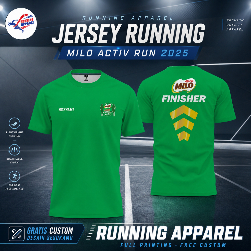 Jersey Running Custom Komunitas & Event MILO ACTIV RUN 2025 – Dryfit Milano Full Printing | Bisa Nam