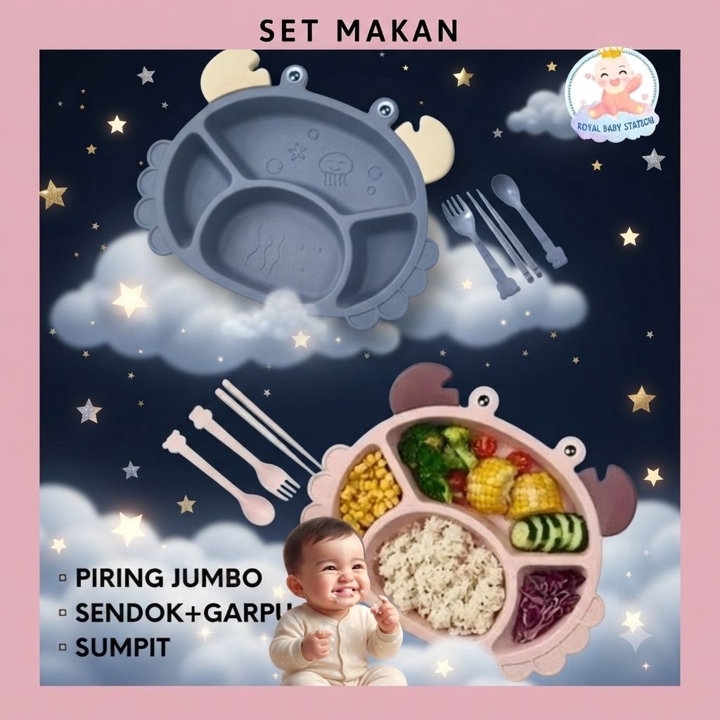 Set Piring Makan Karakter Anak Model CRAB Kepiting dengan sendok garpu sumpit