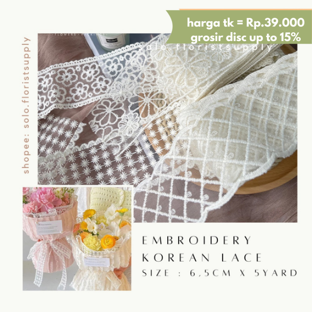 TR [SW] 5YARD X6,8CM EMBROIDERY KOREAN LACE  RENDA TIMBUL  Renda giper/gyper/bordir/renda 0.5 metera