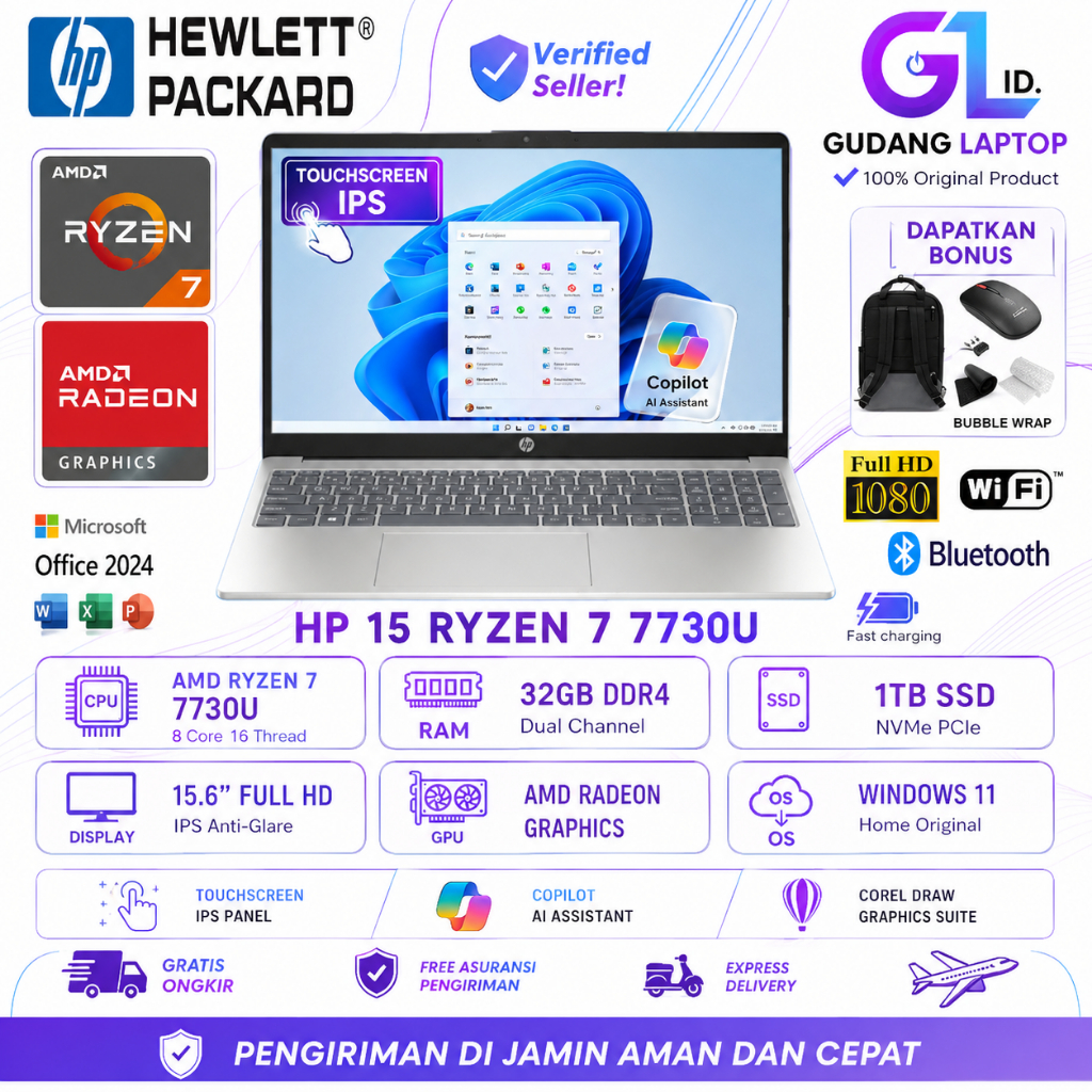 [PROMO] Laptop Baru Hp 15 Amd Ryzen 7 7730U / RYZEN 5 7520U Ram 32GB 1TB SSD Touchscreen Windows 11