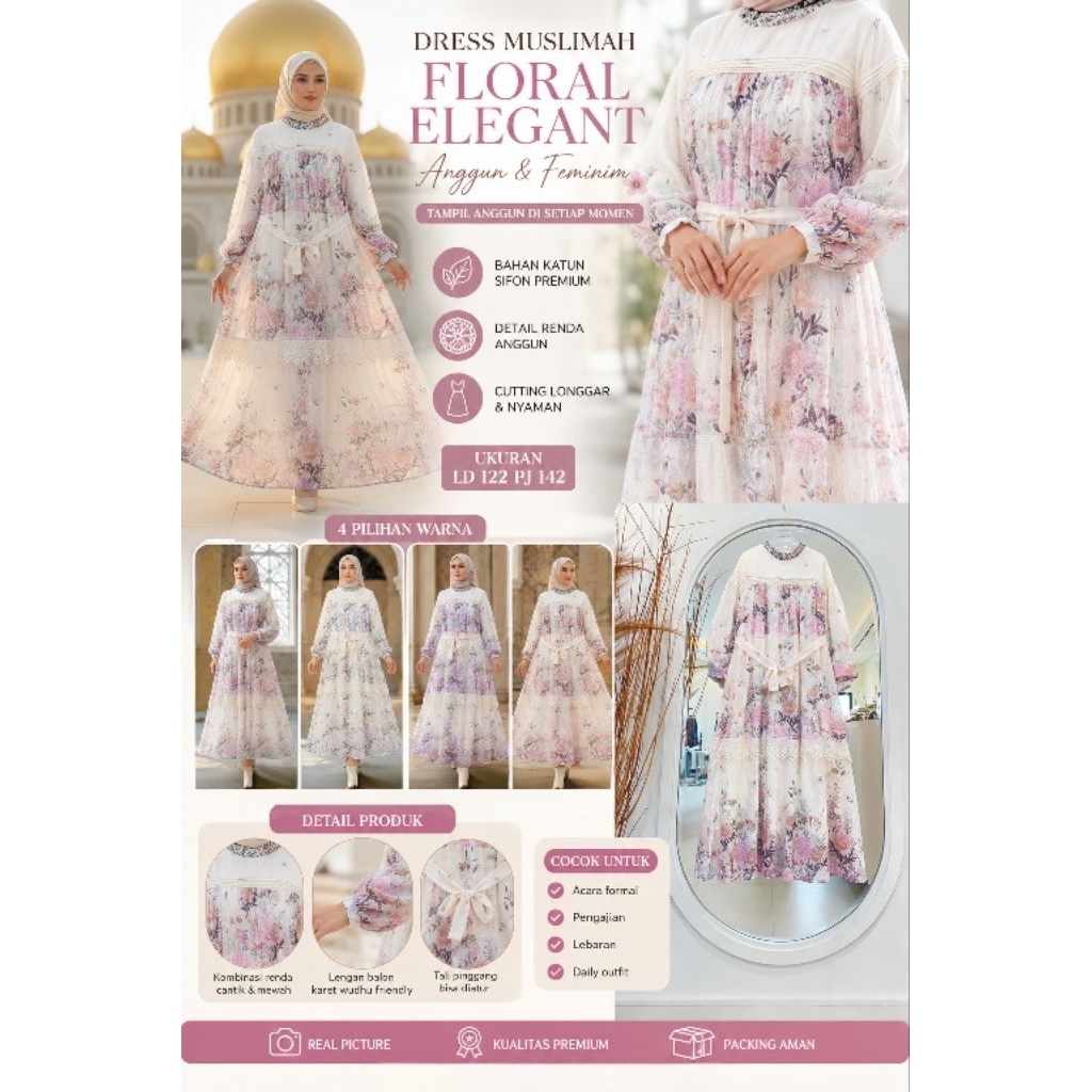 Gamis Wanita Floral Katun Sifon Premium Mix Lace Import Furing Full Motif Bunga Dress Muslimah LD120