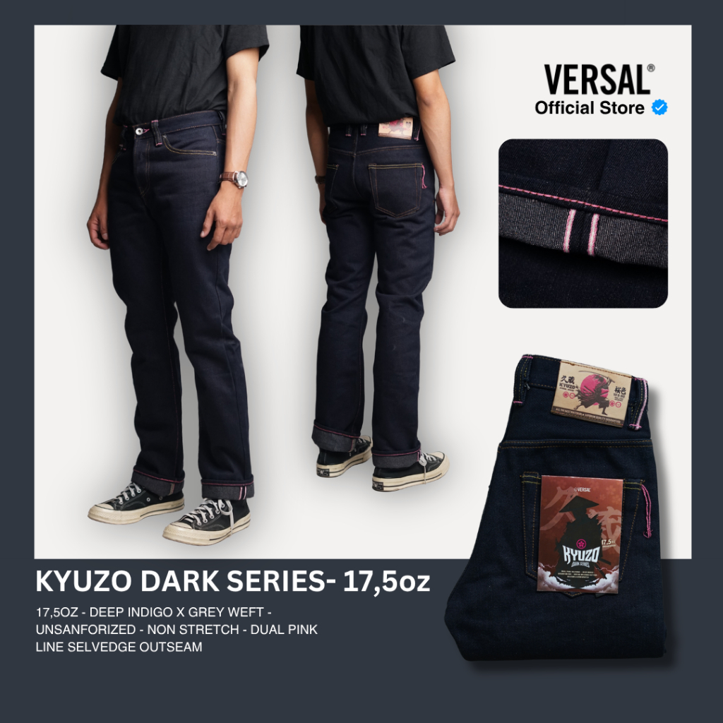 Versal The Finest-KYUZO PINK DARK SERIES V2 17,5oz Deep Indigo x Grey Weft with Double Pink Line Sel
