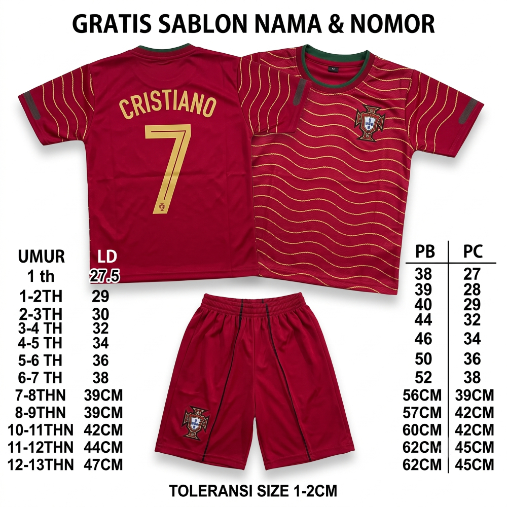 jersey baju portugal setelan baju bola portugal home kids umur 1-12tahun gratis nama nomor
