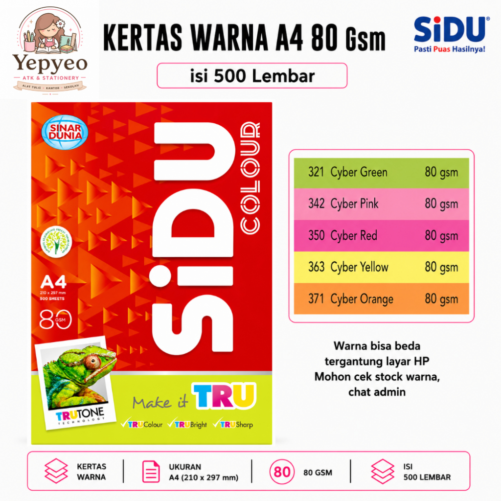 Kertas HVS Warna A4 80 Gsm Sidu Cyber Green Red Yellow Orange