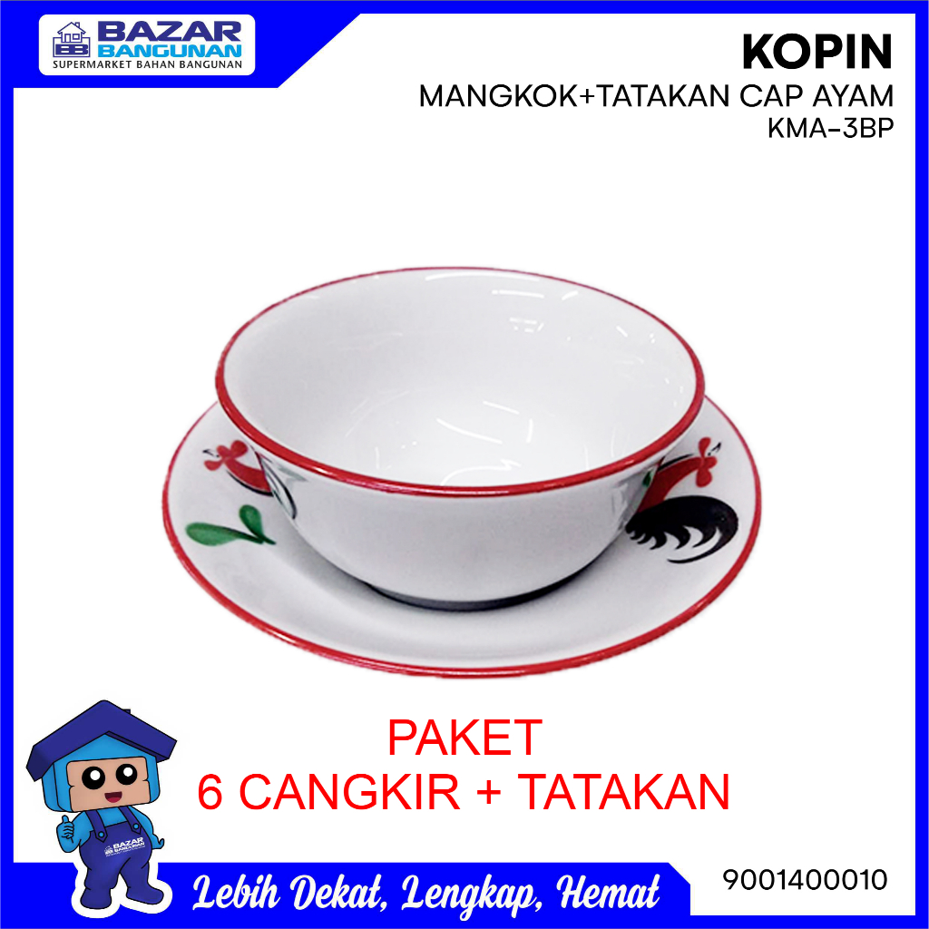 Kopin - Mangkok Keramik Porcelain Bowl Kukuruyuk Ayam Jago Set Kma 3bp