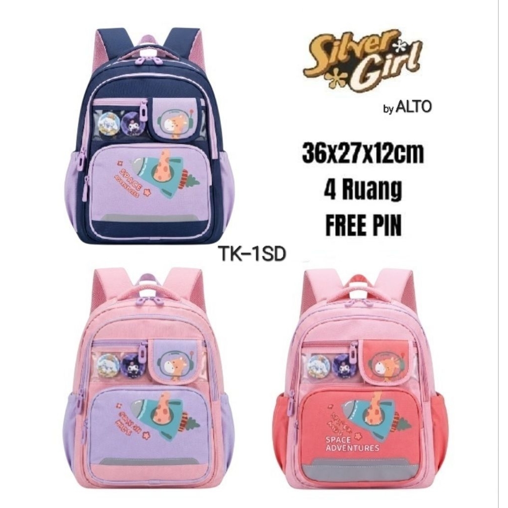 Tas Ransel Silver Girl By Alto Original Tas Sekolah Anak Perempuan/Cewek TK-1SD Backpack Wanita Anti