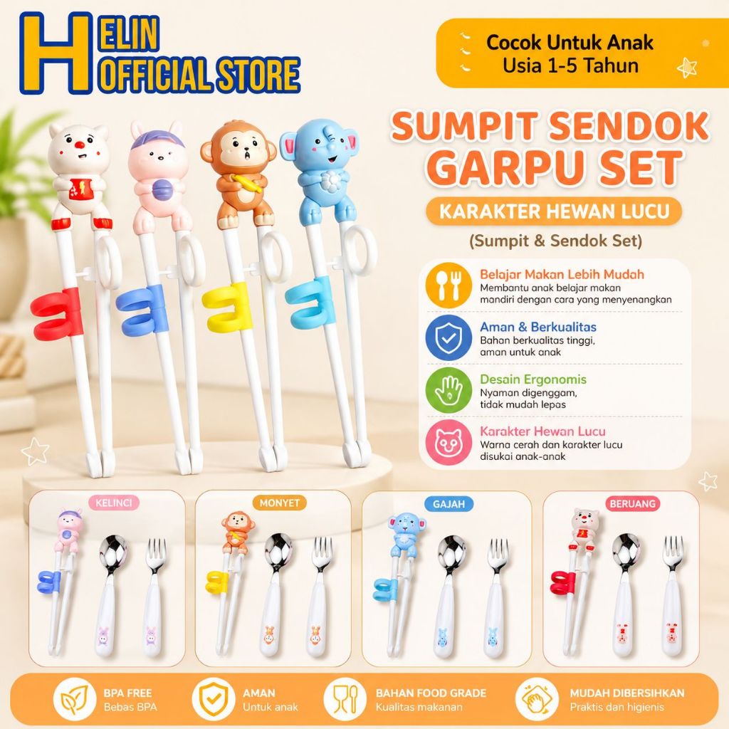 Sumpit Sendok Garpu Set Anak Karakter Hewan Lucu