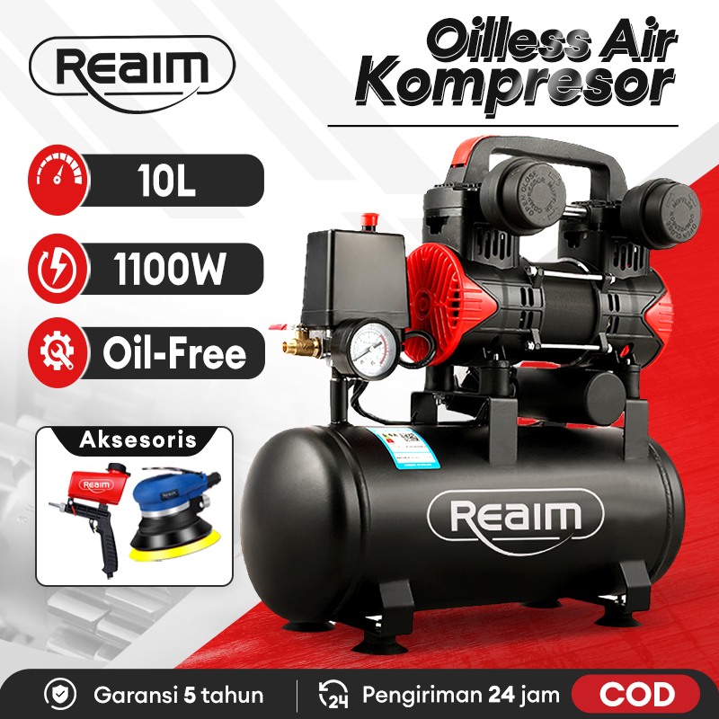 Reaim Kompresor Angin Listrik 10L Oilless Kompresor Mini Listrik 1100W Mesin Pompa Angin Kompresor
