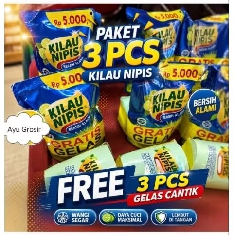 PAKET 3 PCS KILAU NIPIS GRATIS 3 PCS GELAS Kilau Nipis Sabun Cuci Piring Alami Kemasan 5000 210 ML F