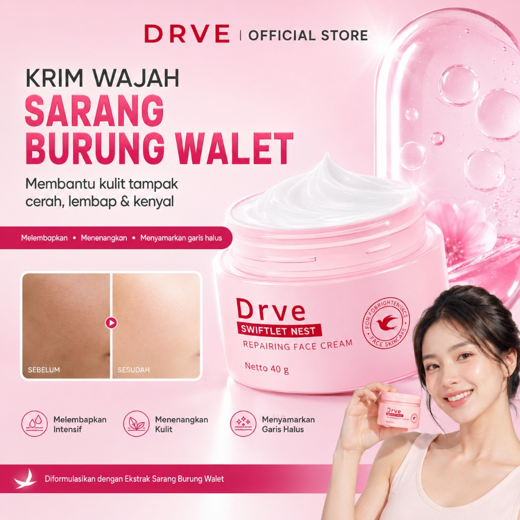 DRVE Swiftlet Nest Repairing Face Cream 40g Moisturizer Cream Wajah Krim Wajah Glowing BPOM Cream Wa