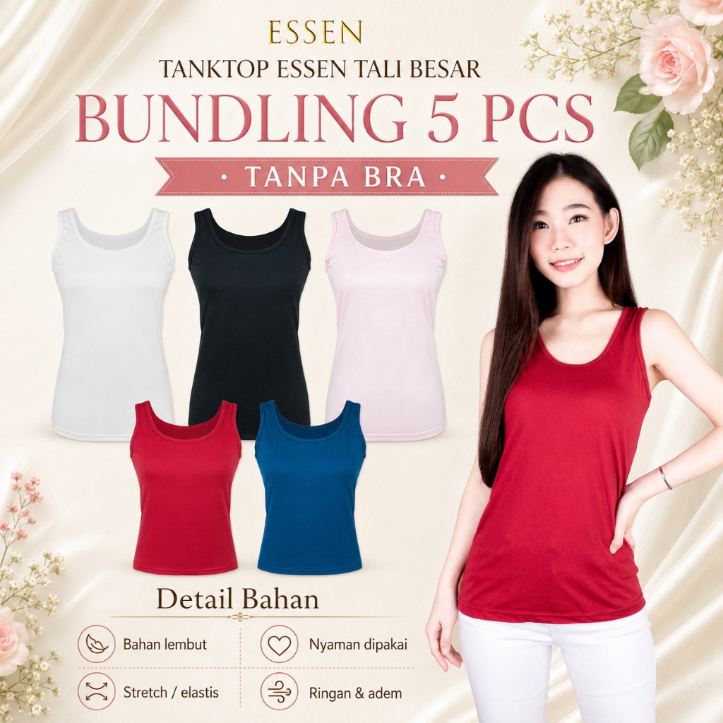 POLINI 5Pcs Tangtop Tali Lebar ESSEN Bahan Katun Import Berkualitas Tangtop Wanita