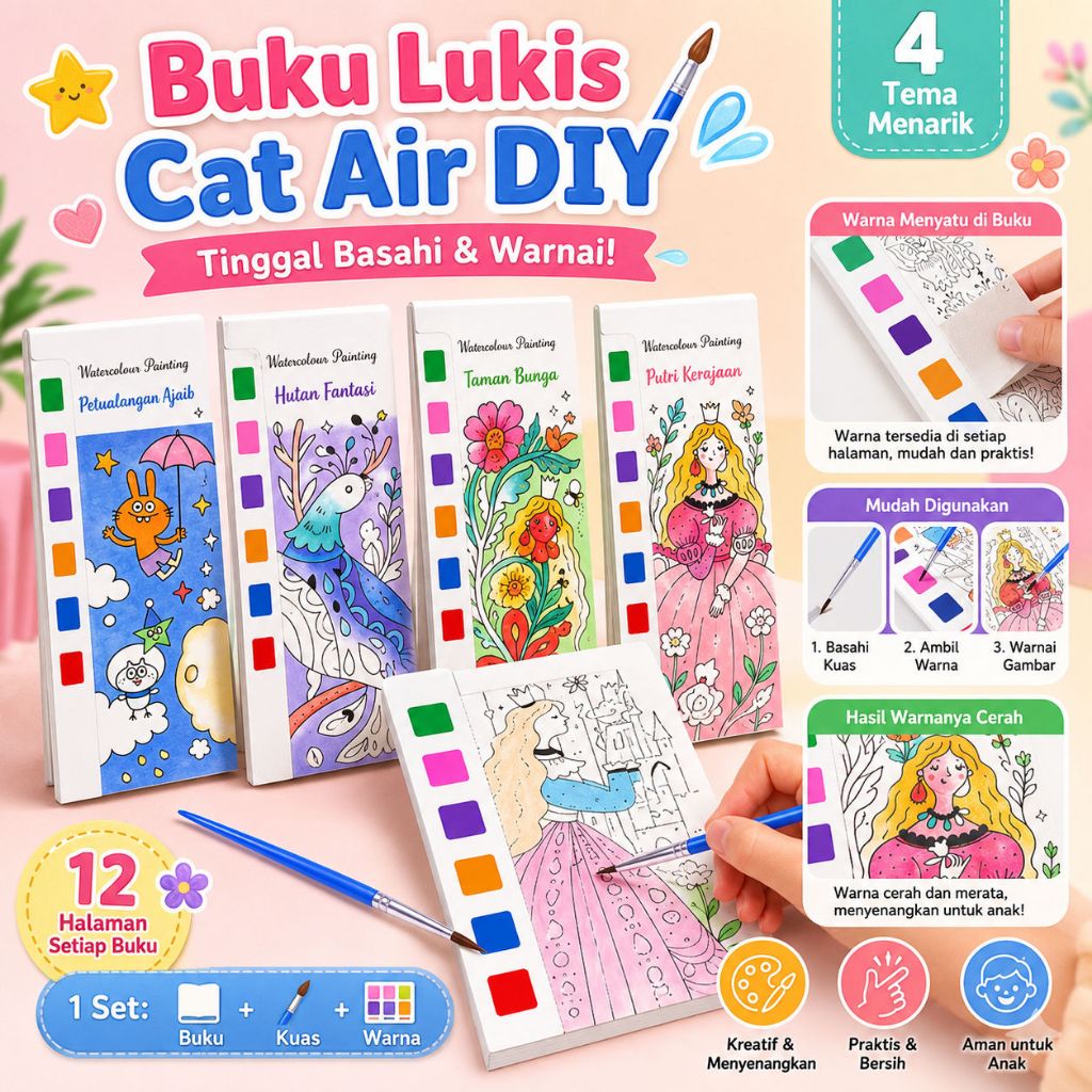 Buku Mewarnai Cat Gouache / Cat Tempera Anak TK– Lengkap Kuas & Palet Cat, Buku Coret & Lukis Doodle