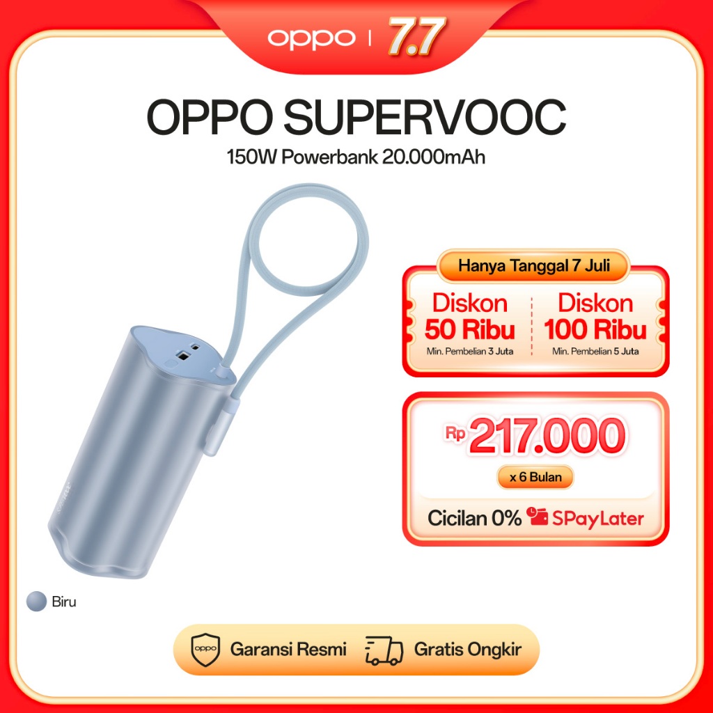 OPPO SUPERVOOC 150W Power Bank PBSV07 Light Blue [Up To 150W Output, 20.000mAh Huge Capacity Power, 
