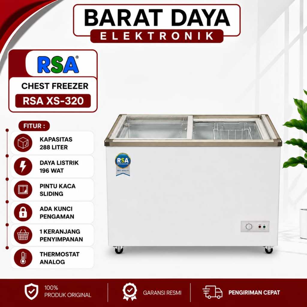 CHEST FREEZER RSA XS 320 CHEST FREEZER BOX 288L LEMARI PEMBEKU 288 LITER FREEZER KACA