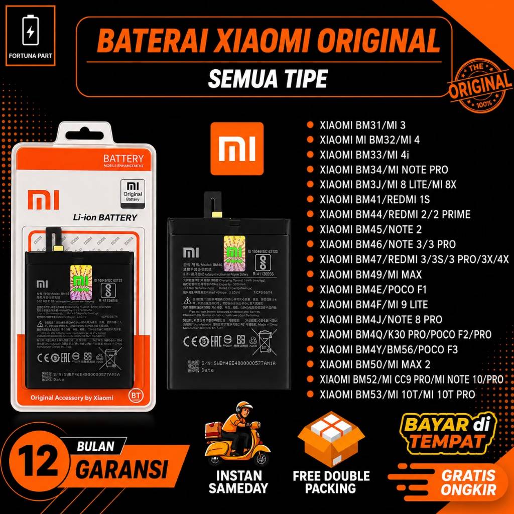 BATERAI XIAOMI/BATRE HP XIAOMI MI 3/MI 4/MI 4i/MI NOTE PRO/MI 8 LITE/MI 8X/REDMI 1S/REDMI 2/2 PRIME/