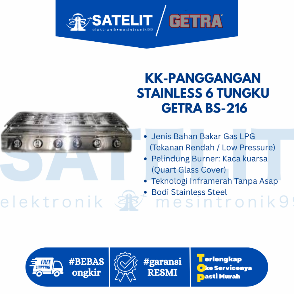 Griller S/S 6 Burner BBQ GETRA BS-216 -  Tanpa Asap Stainless Steel - Alat Pemanggang Sosis Bakar Sa