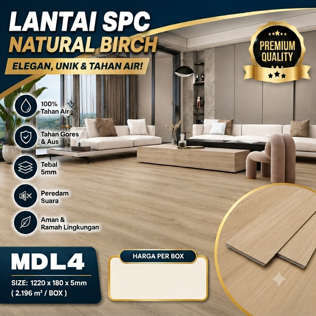 Lantai SPC Vinyl Flooring Motif Kayu dan Marmer - Anti Air, Anti Gores, Sistem Click Lock