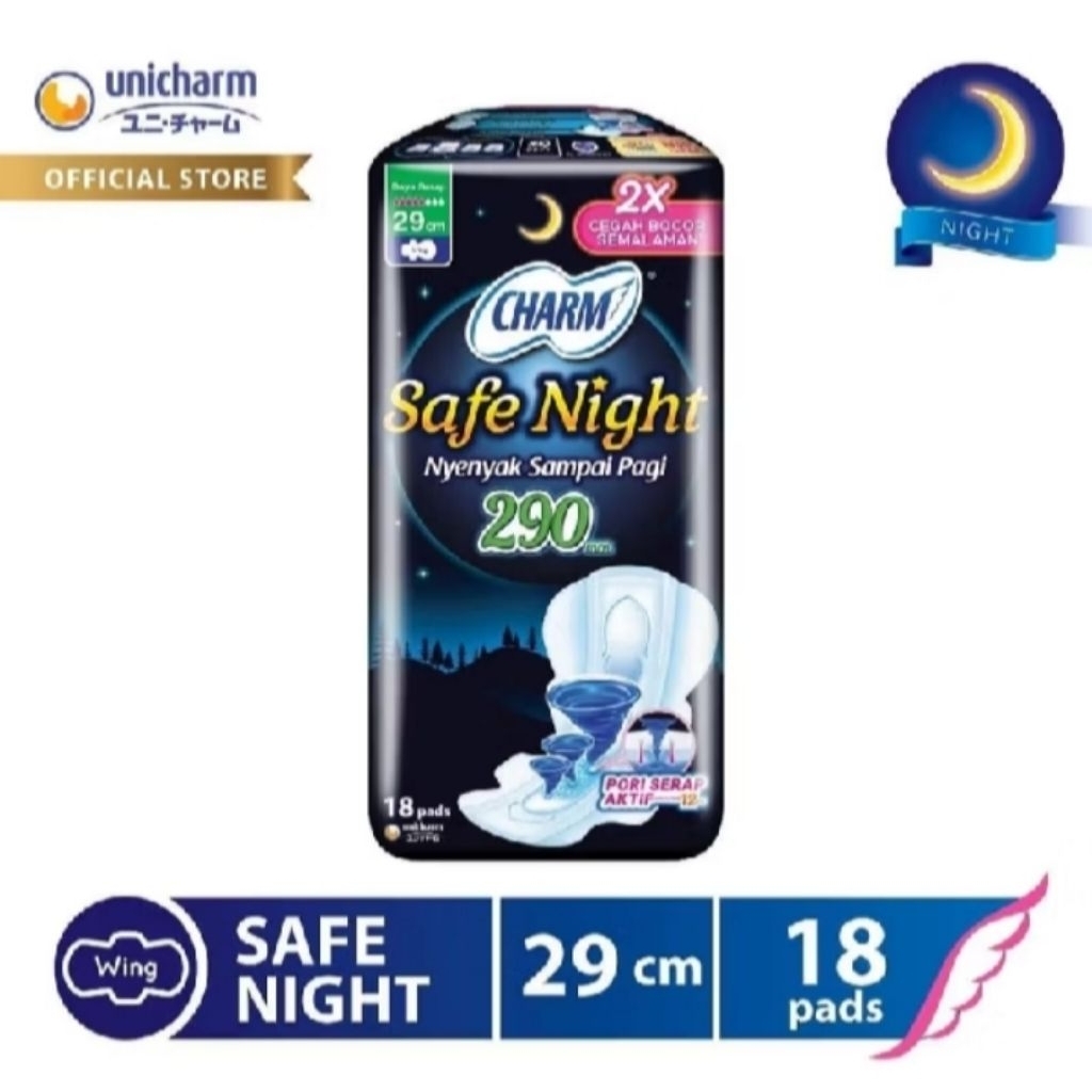 Charm safe night 29 cm 18 pads Wings Pembalut wanita Extra Panjang Pembalut tidur malam