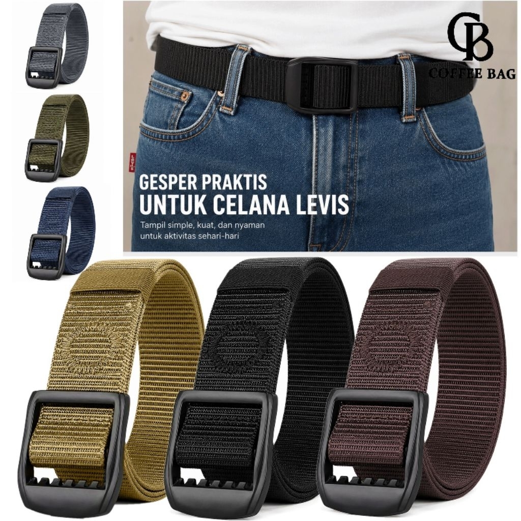 [CB] Ikat Pinggang Pria Kanvas Tactical Kepala BESI - Gesper Celana Levis Jeans Premium Simpel Kuat-
