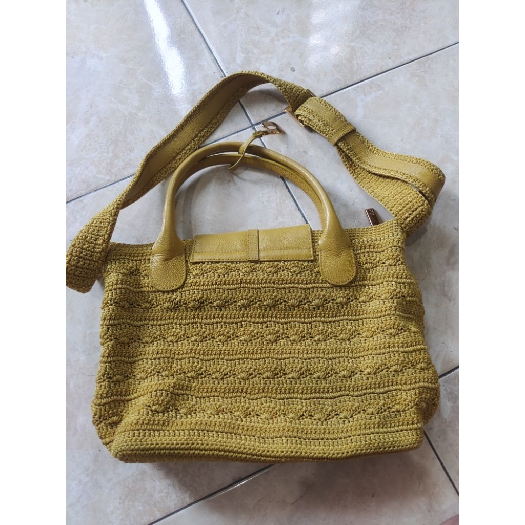 DOWA BAG Tas Canvas Tote Bag Motif Stripe Garis Kombinasi Tali Kulit Tas Bahu Wanita Preloved Premiu