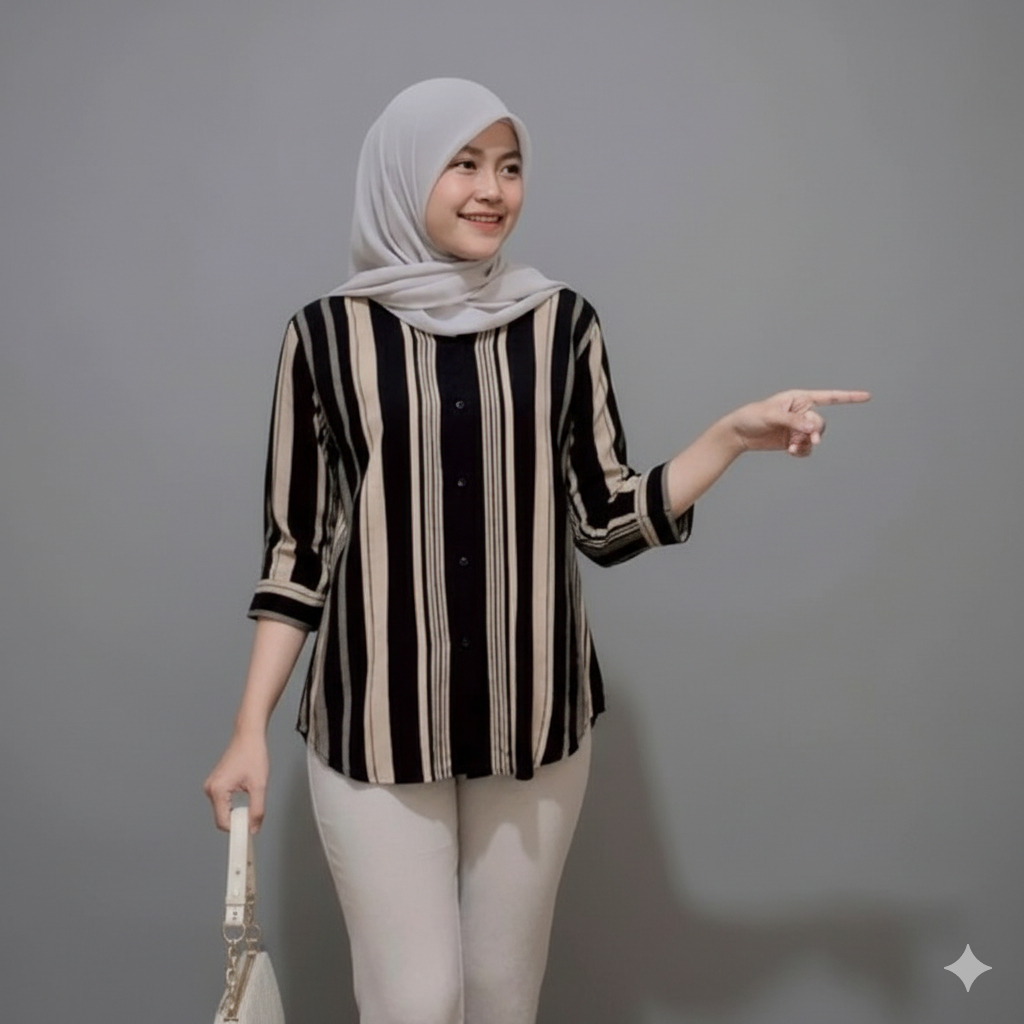 Blouse Wanita Rayon Viscose Lengan 7/8 Kerah Shanghai Atasan Wanita Motif Garis
