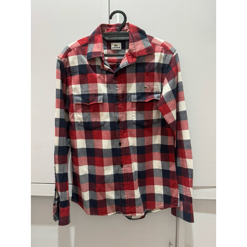 Kemeja Lacoste Lengan Panjang Flanel kotak-kotak merah biru tua Preloved