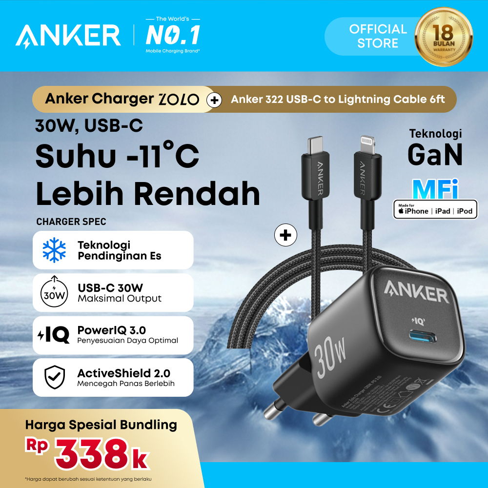 Anker Zolo Adaptor Kepala Charger MFI iPhone 11 12 13 14 PD Type C to Lightning Fast Charging 20W 30