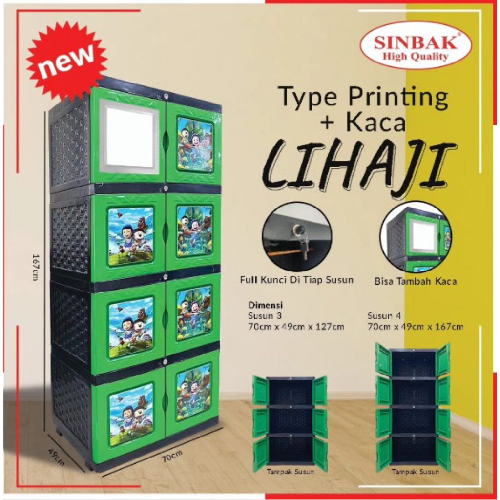 Lemari Sinbak printing susun 3 + kaca motif LIHAJI ready hijau