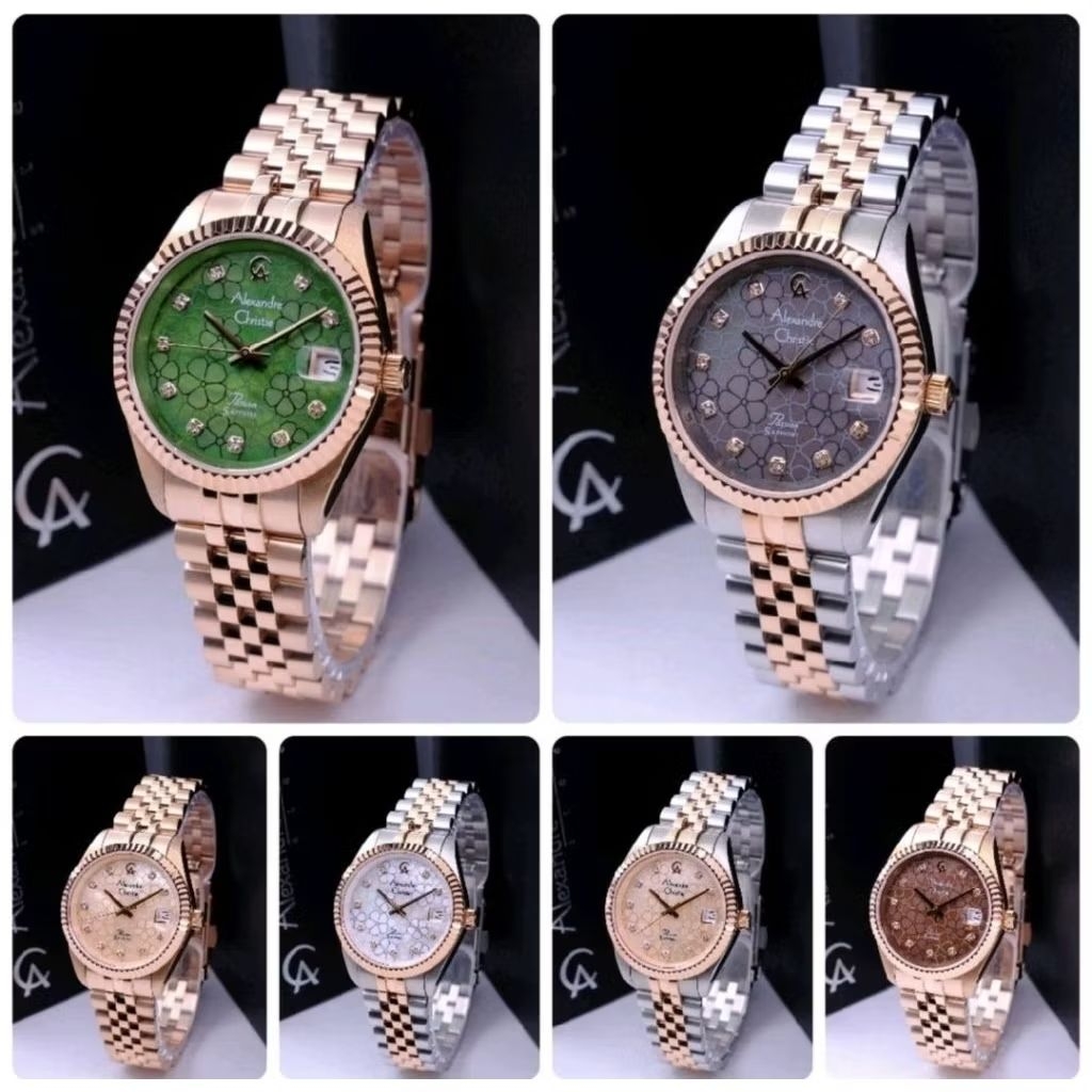 Jam Tangan Wanita Alexandre Christie AC5013 Plat Motif Bunga Garansi Resmi 1 Tahun