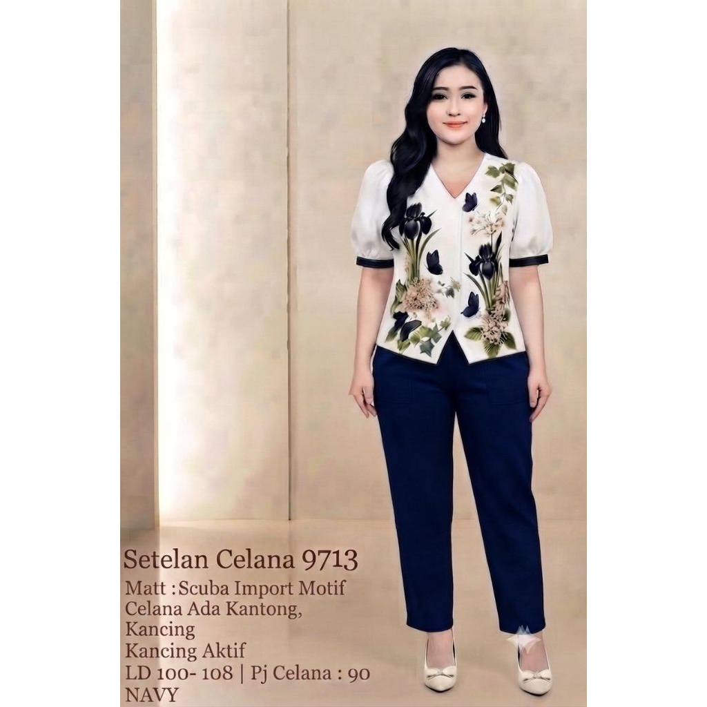 Setelan celana 9713Kancing Aktif Celana Ada Kantong
Mat : Scuba import Motif 
