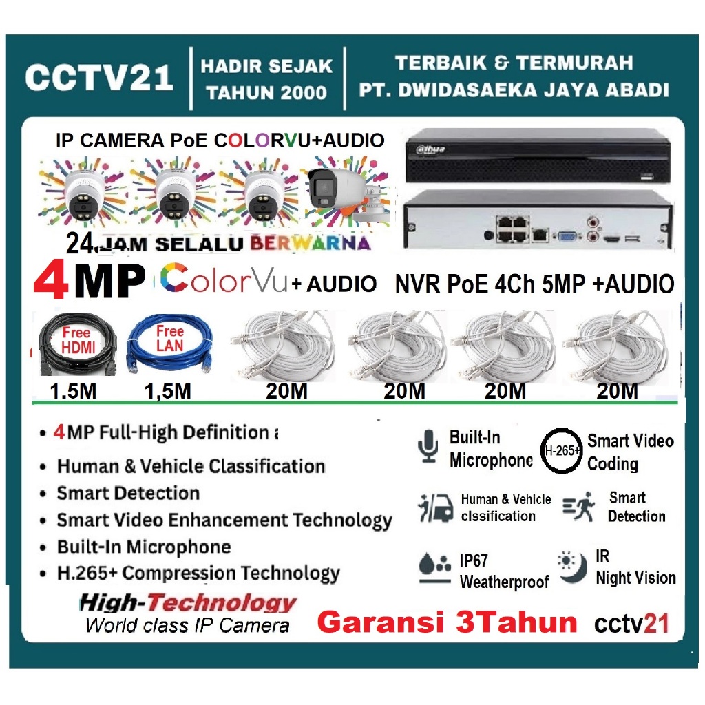 Promo / Paket Lengkap 4 IP Camera Poe Colorvu+Audio 4MP 3-In+1-Outdoor High Tech+NVR Poe 4Ch 24 Jam 