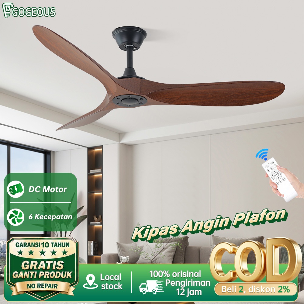 GOGEOUS Kipas Angin Gantung Plafon Kayu ABS 52inci 6 Kecepatan Remote Control