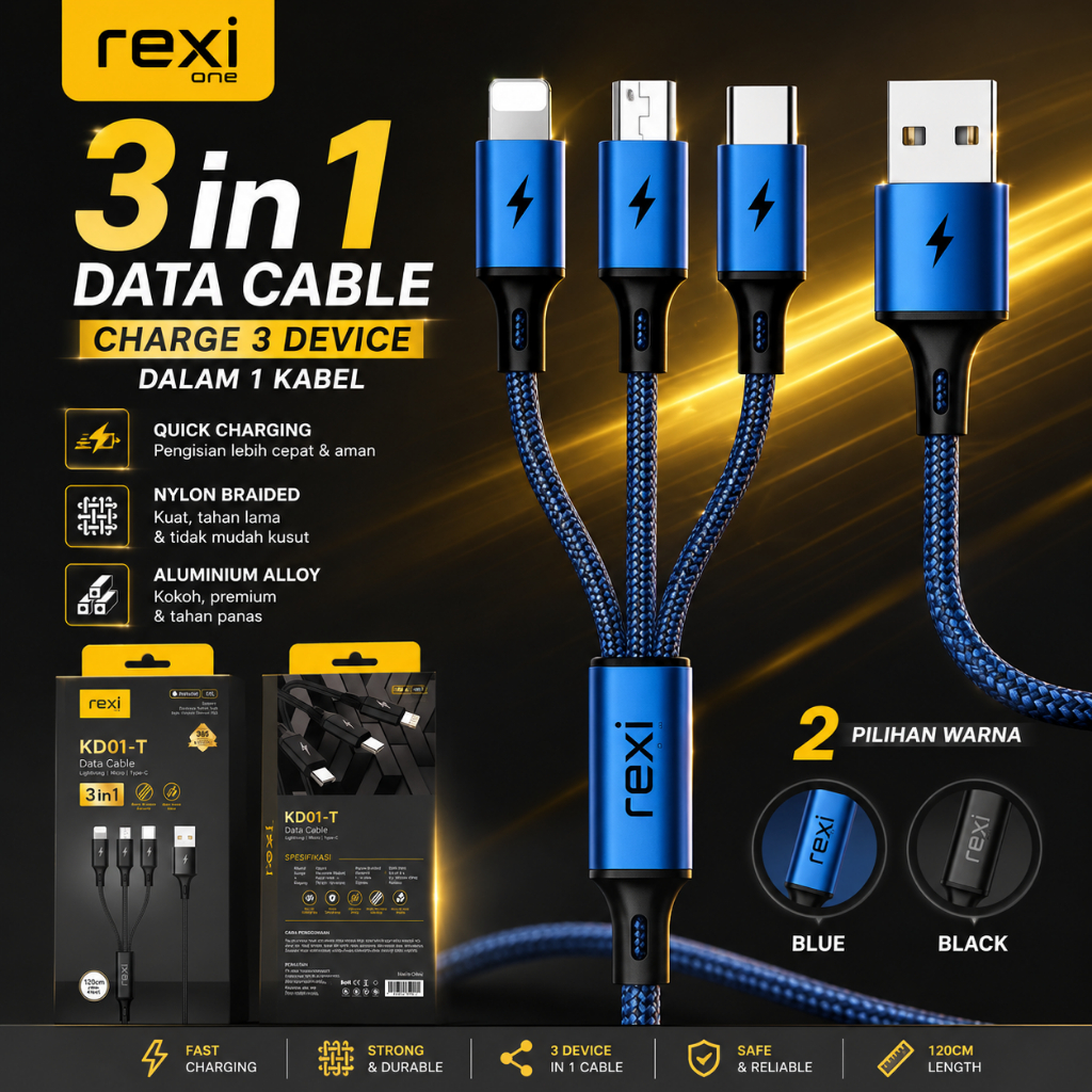 Rexi KD01-T Cable Data 3 in 1 Fast Charging Micro/Type-C/Lightning KD01T Rexi KD01-T Kabel Data 3 in