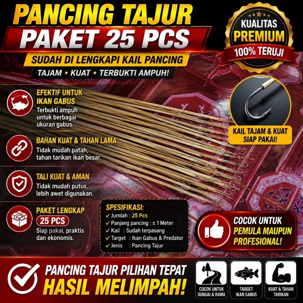 pancing tajur / pancing gabus paket 25 pcs panjang 1 meter mata kail ukuran 12 pancing predator,panc